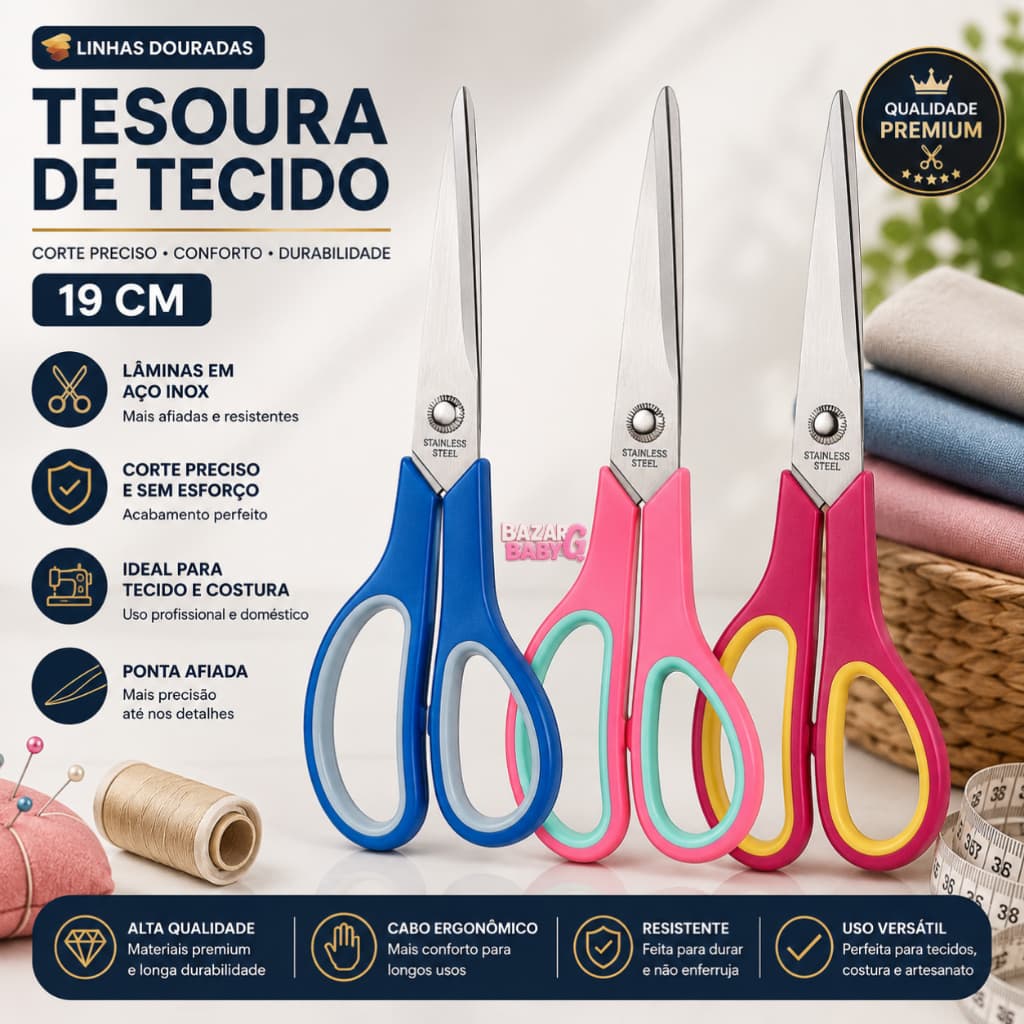 Tesoura de Tecido 19cm Aço Inox Profissional Costura Artesanato Patchwork
