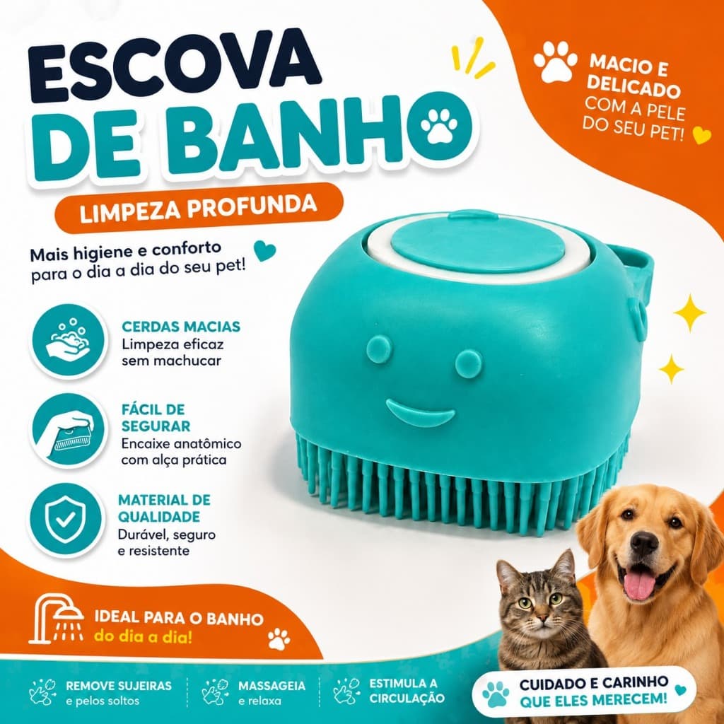 Escova Massageadora de Banho para Cachorro e Gato - Dispenser de Shampoo em Silicone