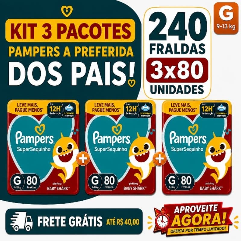 FRALDA DESCARTÁVEL PAMPERS SUPERSEQUINHA TAMANHO G 80 UNIDADES - SUPER KIT 3 PACOTES 240 FRALDAS BABY SHARK