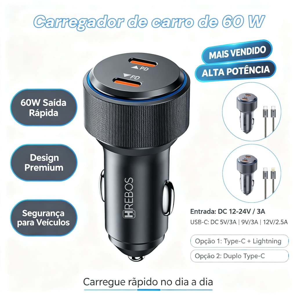 Kit Carregador Veicular 60W Hrebos ,  carregador de celular turbo，Cabo de dados duplo tipo C