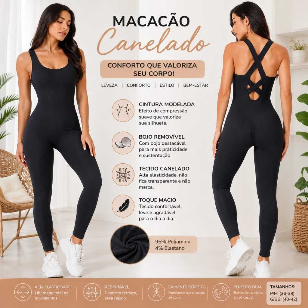 Macacão Fitness Canelado Modelador Bojo Removível Costas Cruzadas -B22