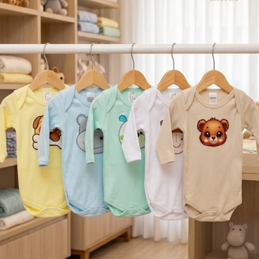 Kit 5 Body Canelado Bebê Manga Longa Aplique Fofo Roupa Infantil Frio Enxoval Passeio Macia Conforto