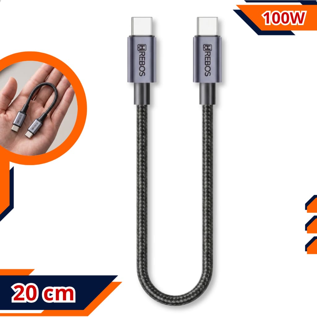Cabo Curto Tipo C x Tipo-C Turbo C/ 20cm de 100W Pequeno Celular Power Bank Carregador Rápido Mini