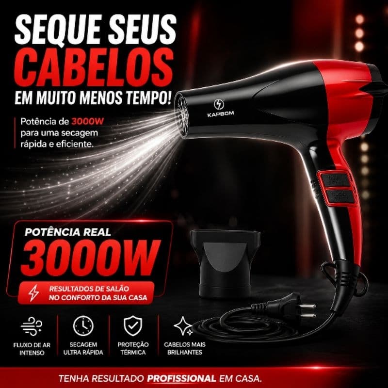 Secador de Cabelo Profissional 3000W Kapbom 110V Motor AC Jato Frio Secagem Rápida KA-0922