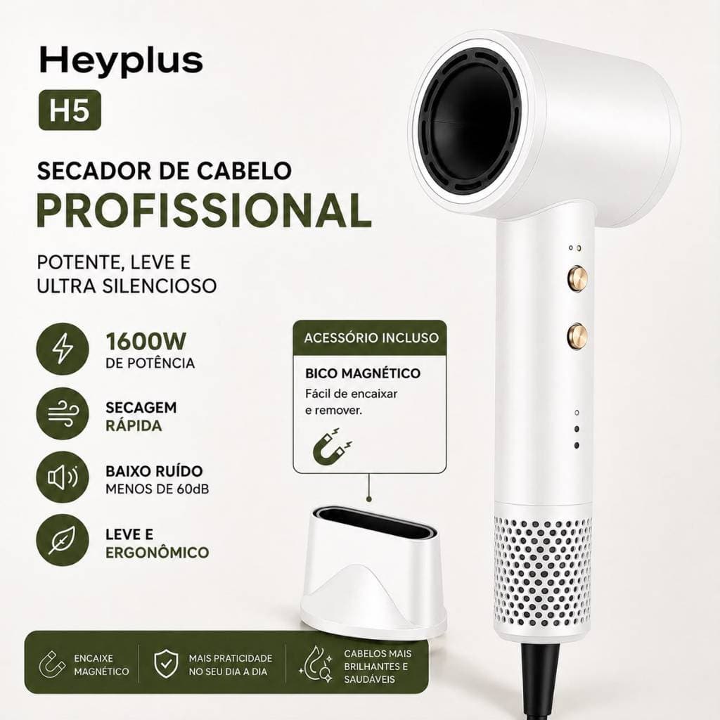 Secador de Cabelo Profissional Heyplus H5 1600W Potente, Leve, Silencioso e com Bico Magnético Branco Perola 220v-