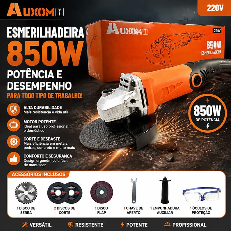 AUXOM Esmerilhadeira Angular 850W 220V 115mm Profissional 6 Velocidades Corte e Desbaste