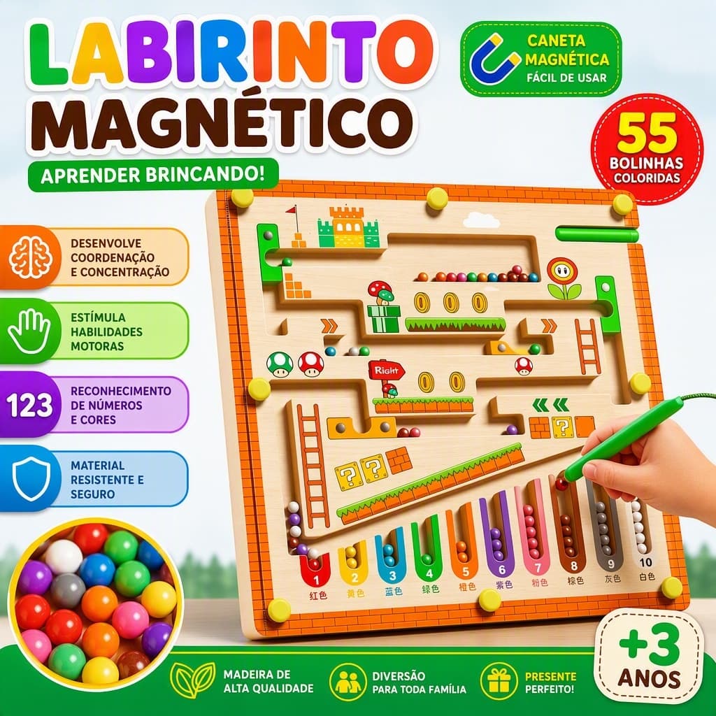 Labirinto Magnético Madeira Montessori Brinquedo Educativo Coordenação Motora Cores Números Infantil Presente Natal