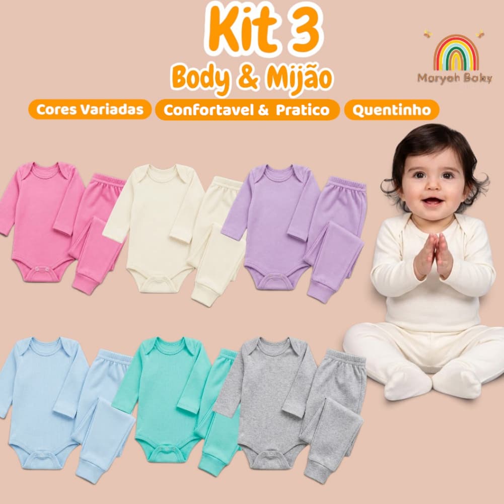 Kit 6 Peças de Roupas para Bebê Menina (3 Body Longo + 3 Calça Mijão) Kit 3 Body Roupa Infantil Bebê Menino