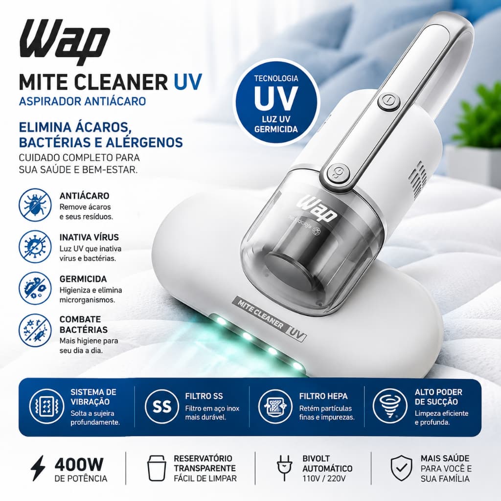 Aspirador Antiácaro WAP Mite Cleaner UV Luz UV Filtro HEPA Branco 127v 400W
