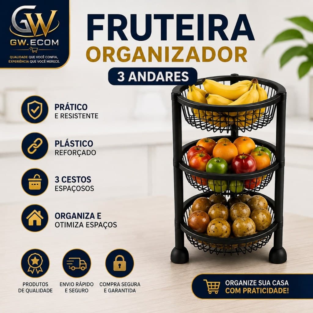 Fruteira Organizador 3 Andares Multiuso Cesto Plástico Reforçado de Chão Cozinha Frutas Legumes