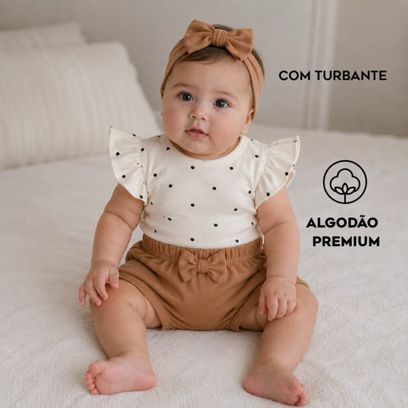 Conjunto body bebê menina em algodão premium de verão/meia estação 3 peças body, calça e turbante ou laço