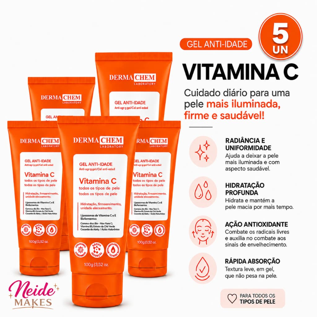 Kit 5 Gel Facial Anti Idade Vitamina C Todos Tipos de Pele 100ml Dermachem