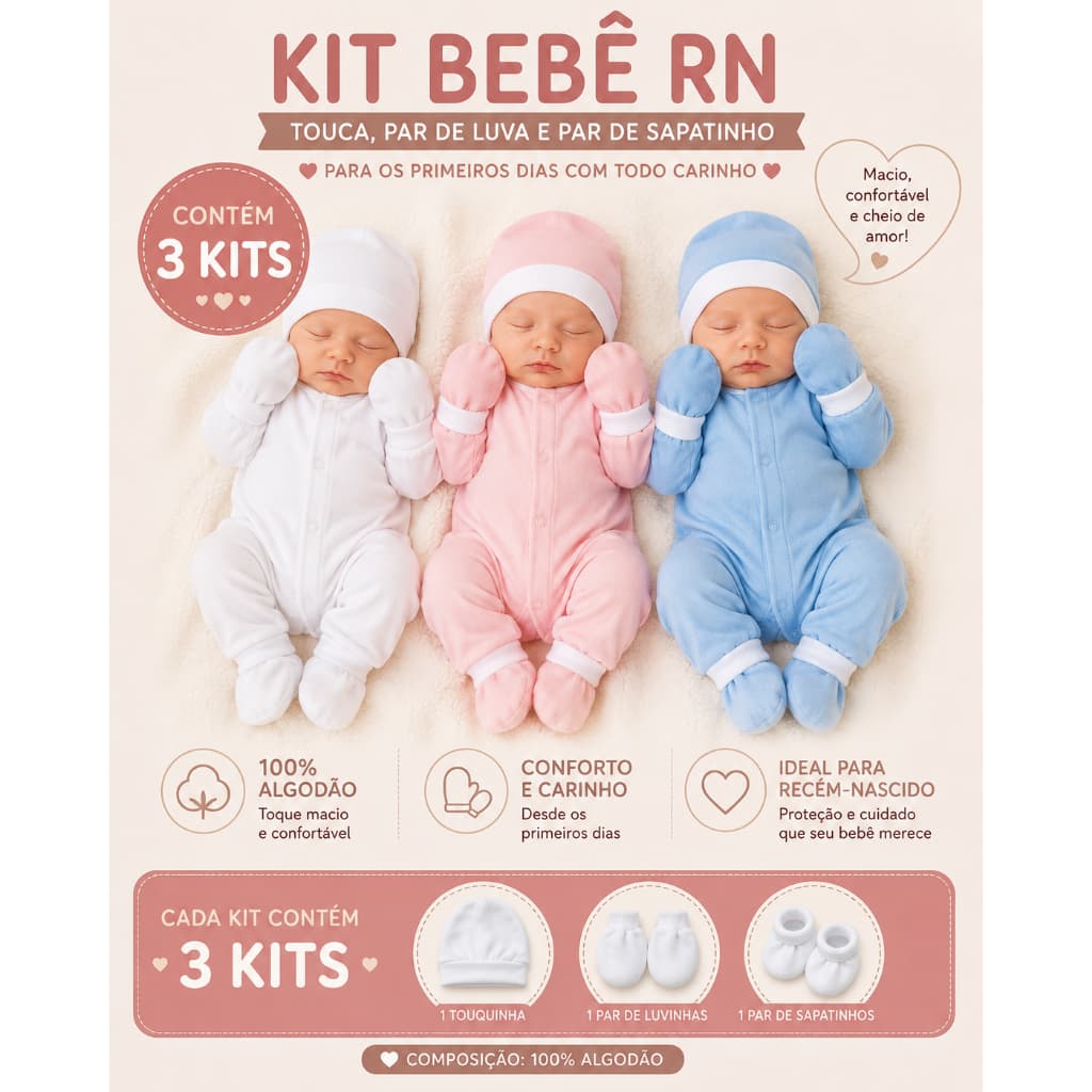 3 Kit Luva Sapatinho Touca Kit Maternidade Enxoval 100% Algodão Fofo Macio Essencial Bebê