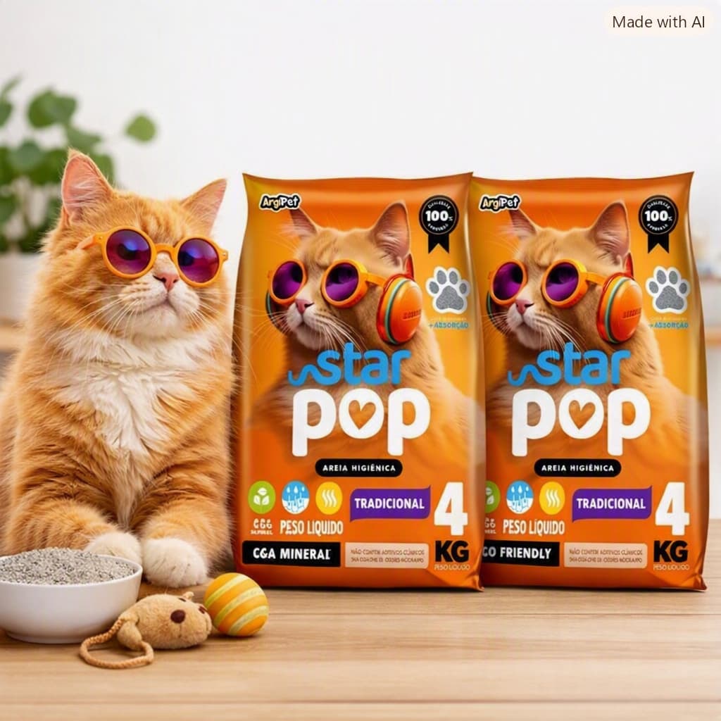 Areia Sanitária Ecológica para Gatos Star Pop Tradicional Argila Natural 8Kg (2x4Kg)