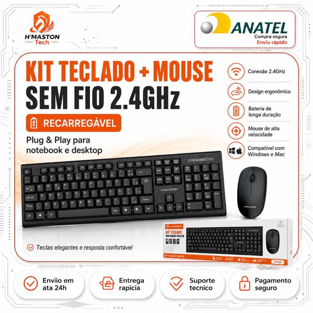H'MASTON JP103 Kit Teclado e Mouse Sem Fio 2.4GHz Teclado Sem Fio Mouse e Teclado Sem Fio Kit Mouse e Teclado Sem Fio