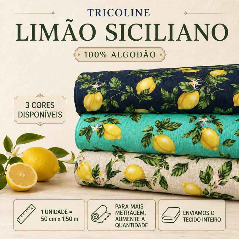 Tecido Tricoline Limão Siciliano – Leve, Macio e Versátil para Roupas e Patchwork  (50cm X 1.50m)