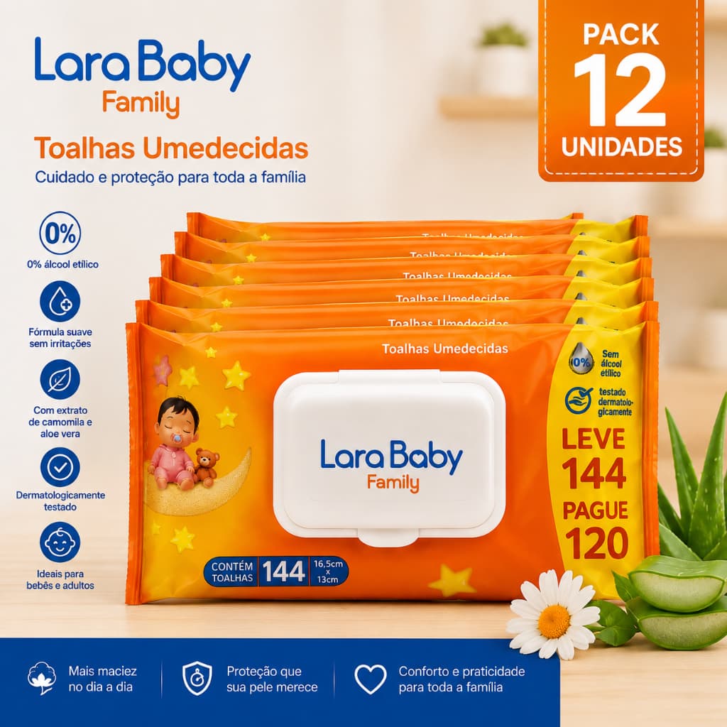 Toalha Umedecida Lara Baby Family 144 Unidades com Tampa – Lenço Umedecido Infantil para Bebê