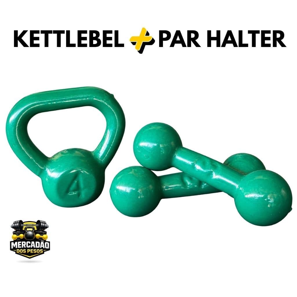 Kit Treino 3 Peso em Casa Academia  Halter Bola, Ketlebell Emborrachado Verde - Academia, Crossfit, Pilates, Musculação
