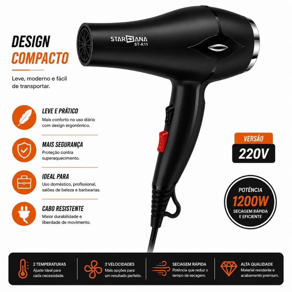Secador Profissional 1200W 220V Cabelo Rápido Leve ST K11 top