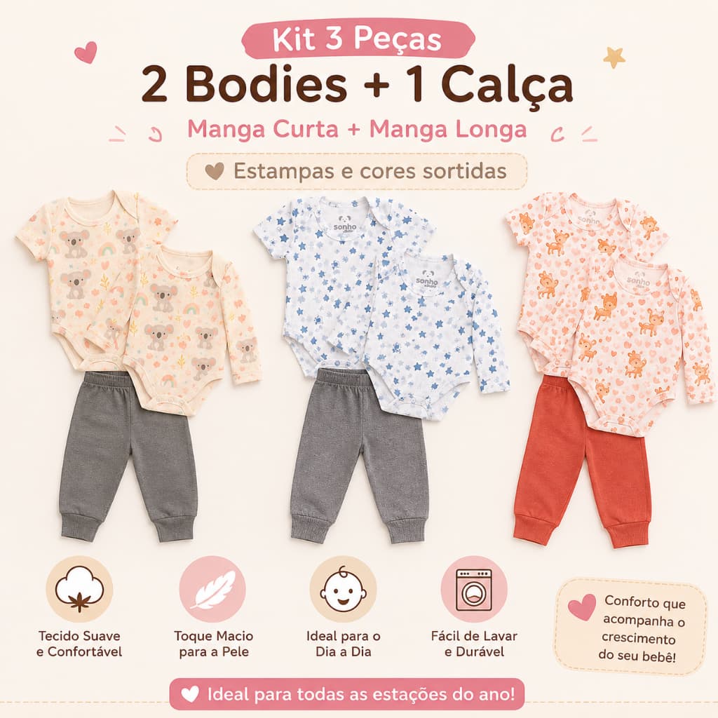 Conjunto Bebê 3 Peças: Calça + Body Manga Curta e Longa | Conjunto Bebê Menino Menina