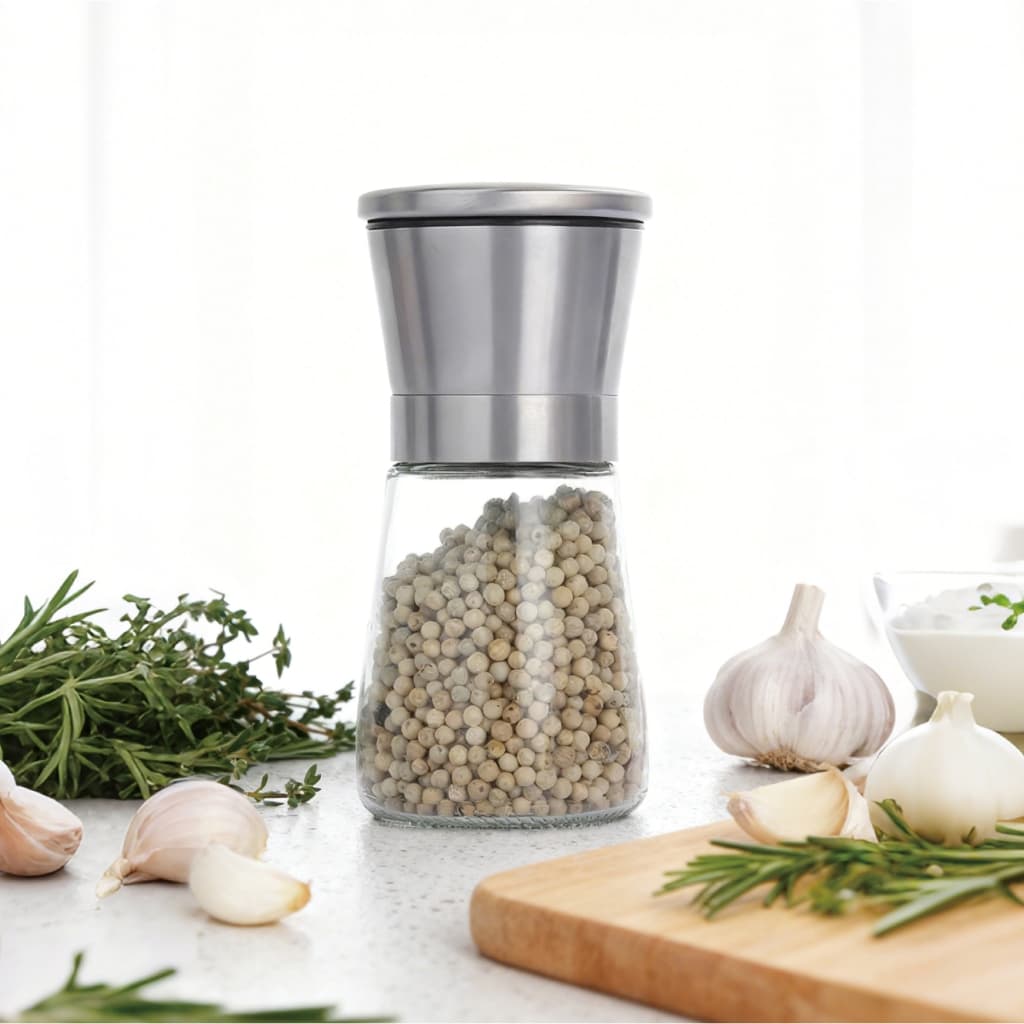Moedor De Tempero com Regulador Sal Grosso Pimenta Porta Condimento Especiarias Vidro Aço Inox