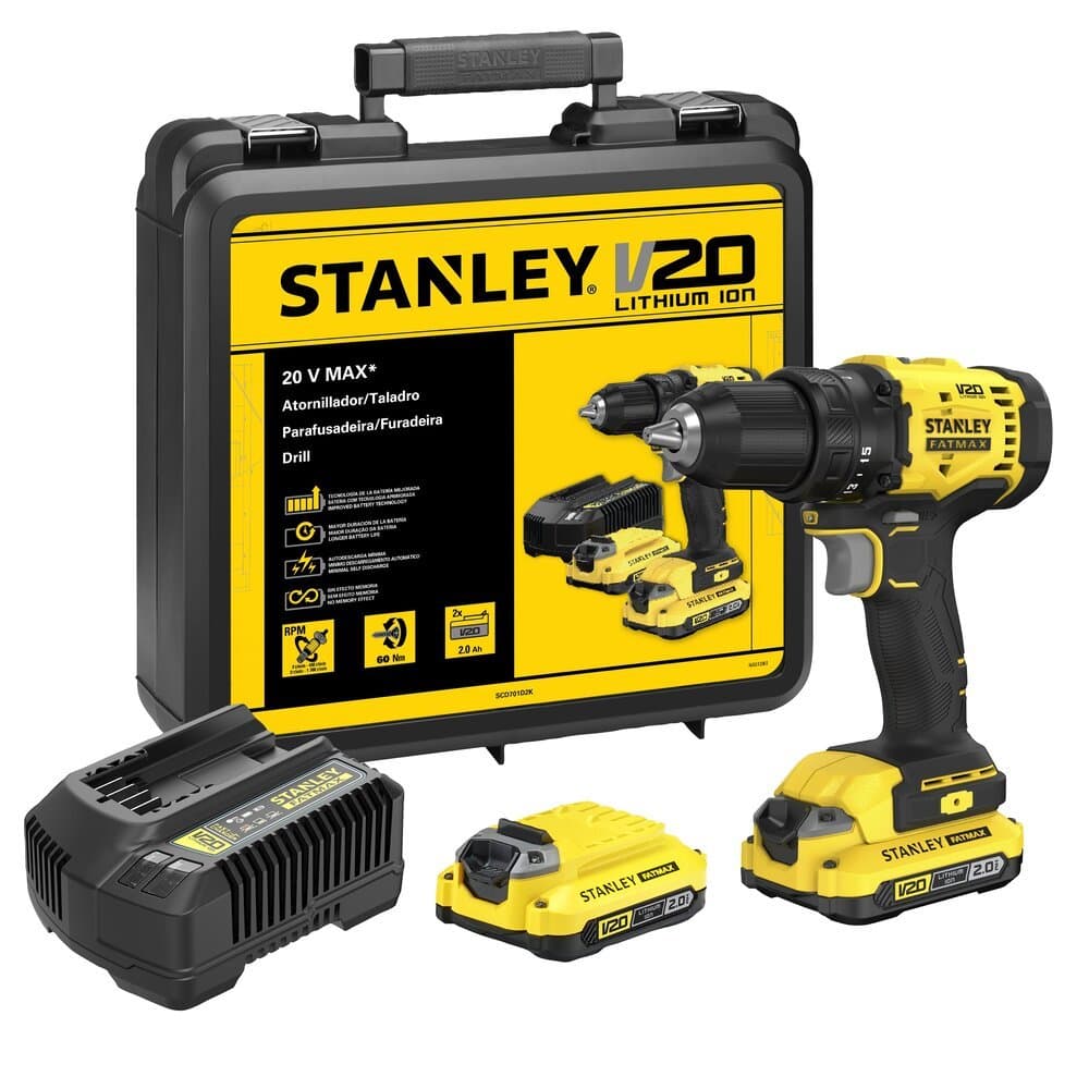 Parafusadeira e Furadeira Stanley 13mm 20V com 2 Baterias, Carregador e Maleta SCD701D2K