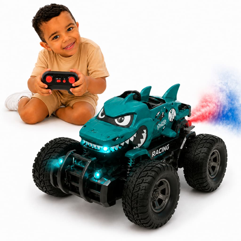 Brinquedo Carrinho de Controle Remoto Tubarão Solta Fumaça Led Recarregável Carro de Controle Remoto