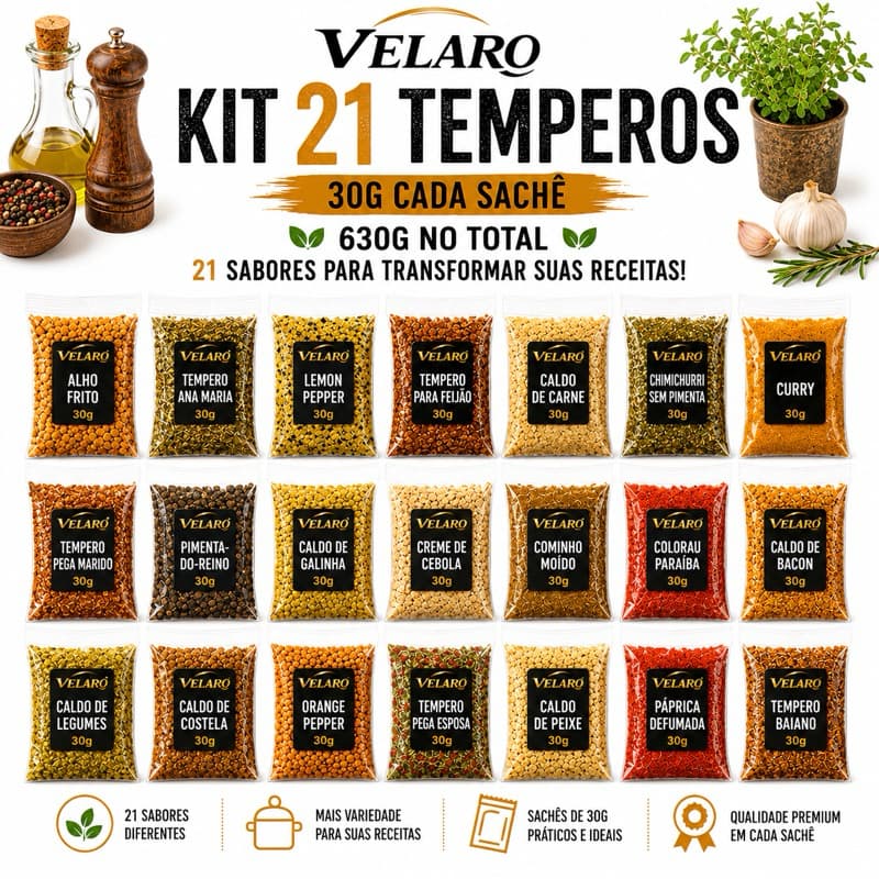Kit 21 Temperos Velaro 30g Cada 630g Especiarias Condimentos para Cozinha Carnes Frango Peixe Feijão