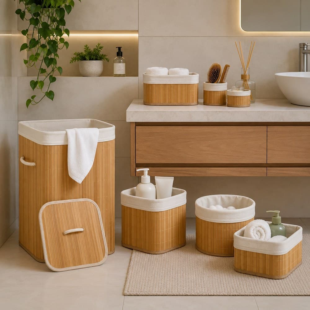 kit cesto de bambu de roupa sujo mais 4 cestos organizadores multiuso banheiro
