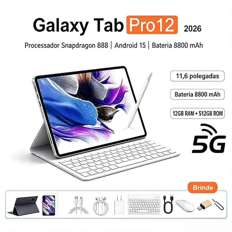 Tablet Galaxy Pro12 | 12GB RAM 512GB | Tela HD 11.6" | Android 15 | 5G |  com Bateria 8800mAh