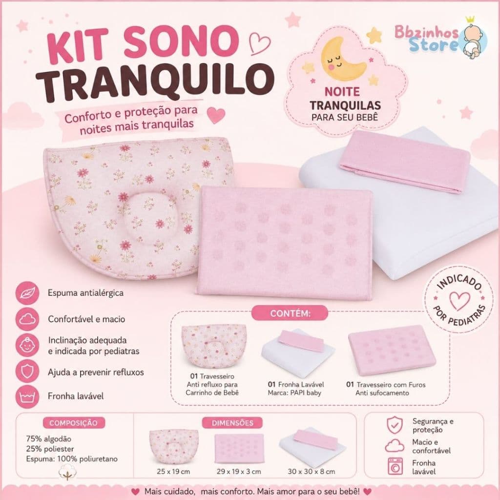 kit 3 travesseiro - Anti Refluxo Carrinho + Anti Sufocamento + Anatômico Anti Cabeça Chata