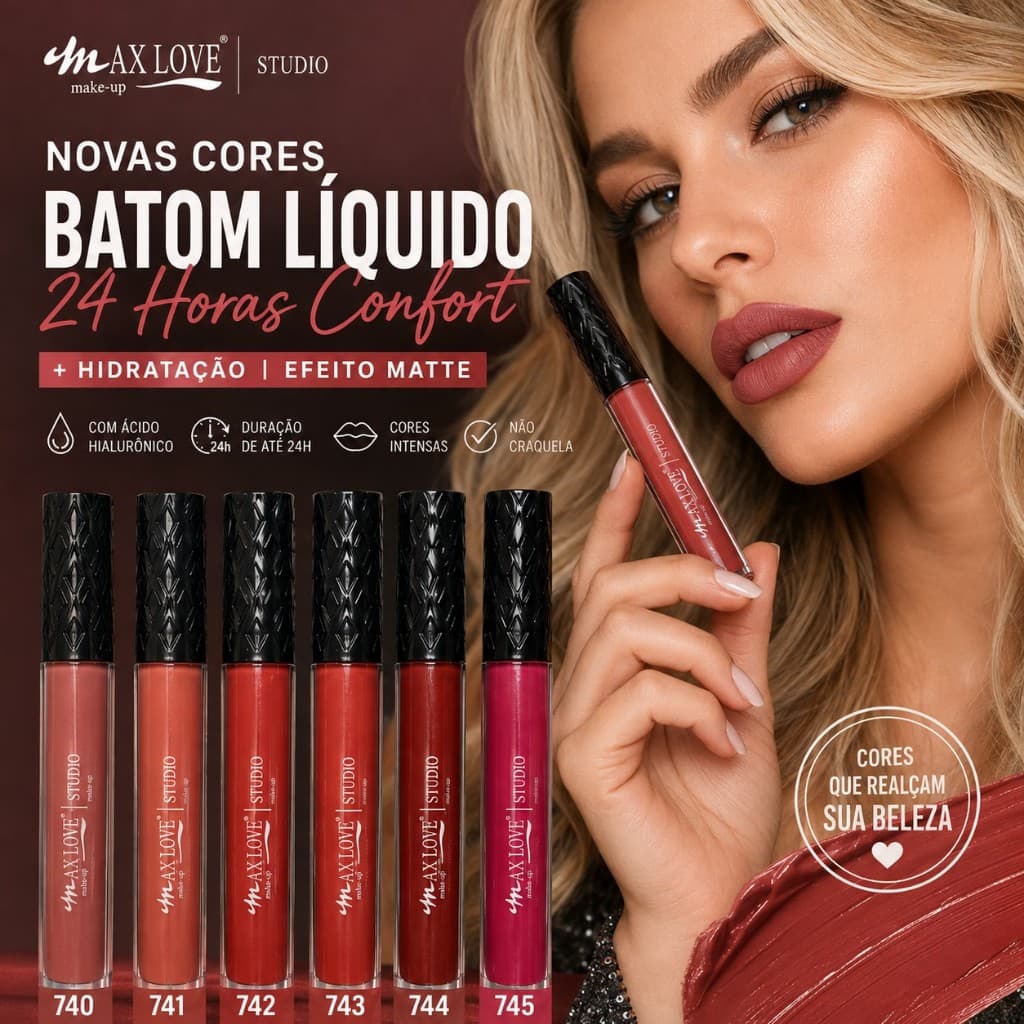 Batom Líquido Max Love 24 Horas Comfort Efeito Matte Hidratante Alta Pigmentação Cores 740 741 742 743 744 745