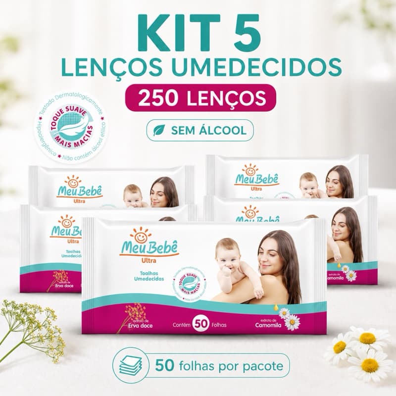 Lenço Umedecido Meu Bebê Ultra Kit 5 Pacotes 250 Toalhas Sem Álcool