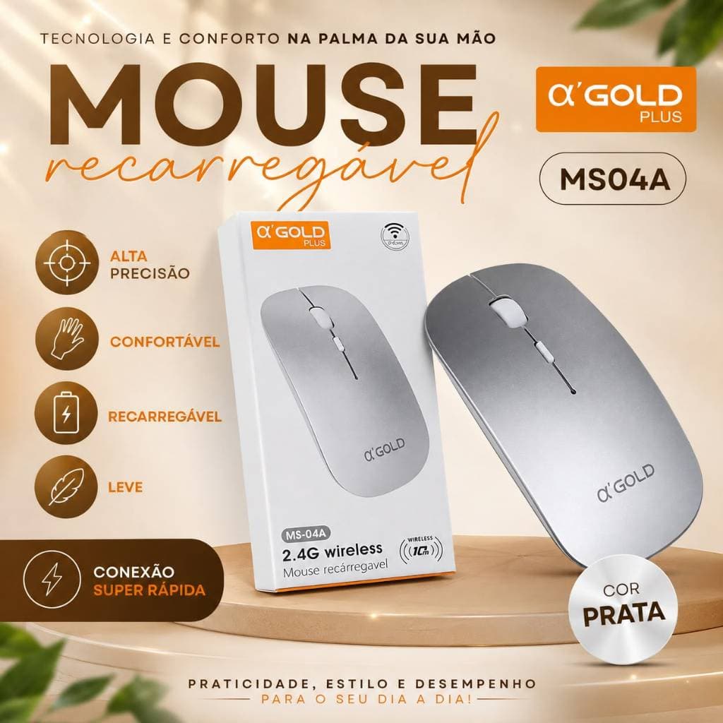 🖱️ Mouse Sem Fio Recarregável A’Gold MS-04A Wireless 2.4G USB | Mouse Óptico para PC e Notebook