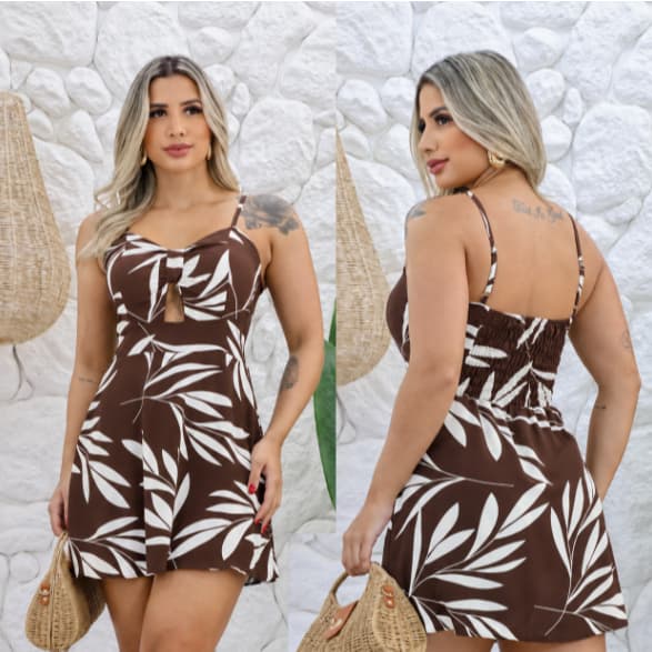 Vestido Macaquinho Com Laxtes Nas Costas e Alças Regulaveis Com Detalhe no Busto Estampado