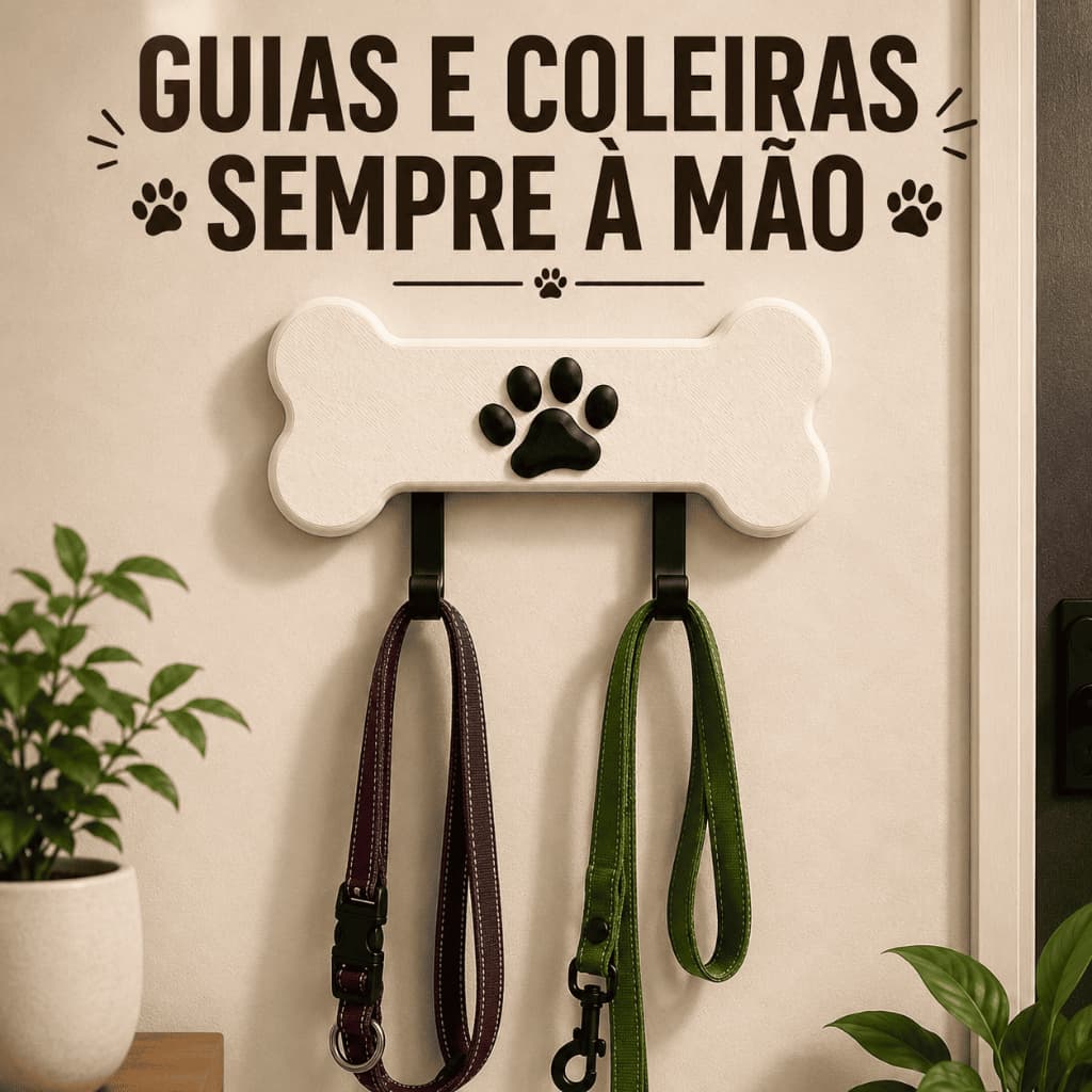 Porta Coleira Pet de Parede para Cachorro | Suporte para Guia, Peitoral e Coleira | Organizador Formato Osso
