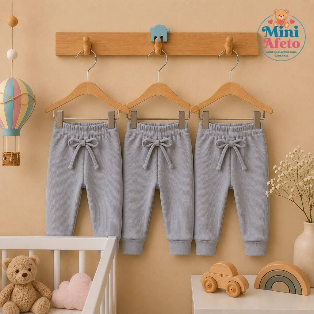 Kit 3 Calças Bebê Canelada e Lisa 100% Algodão Super Macia Conforto Total P M G Presente Chá Fralda Bebê Menino Menina