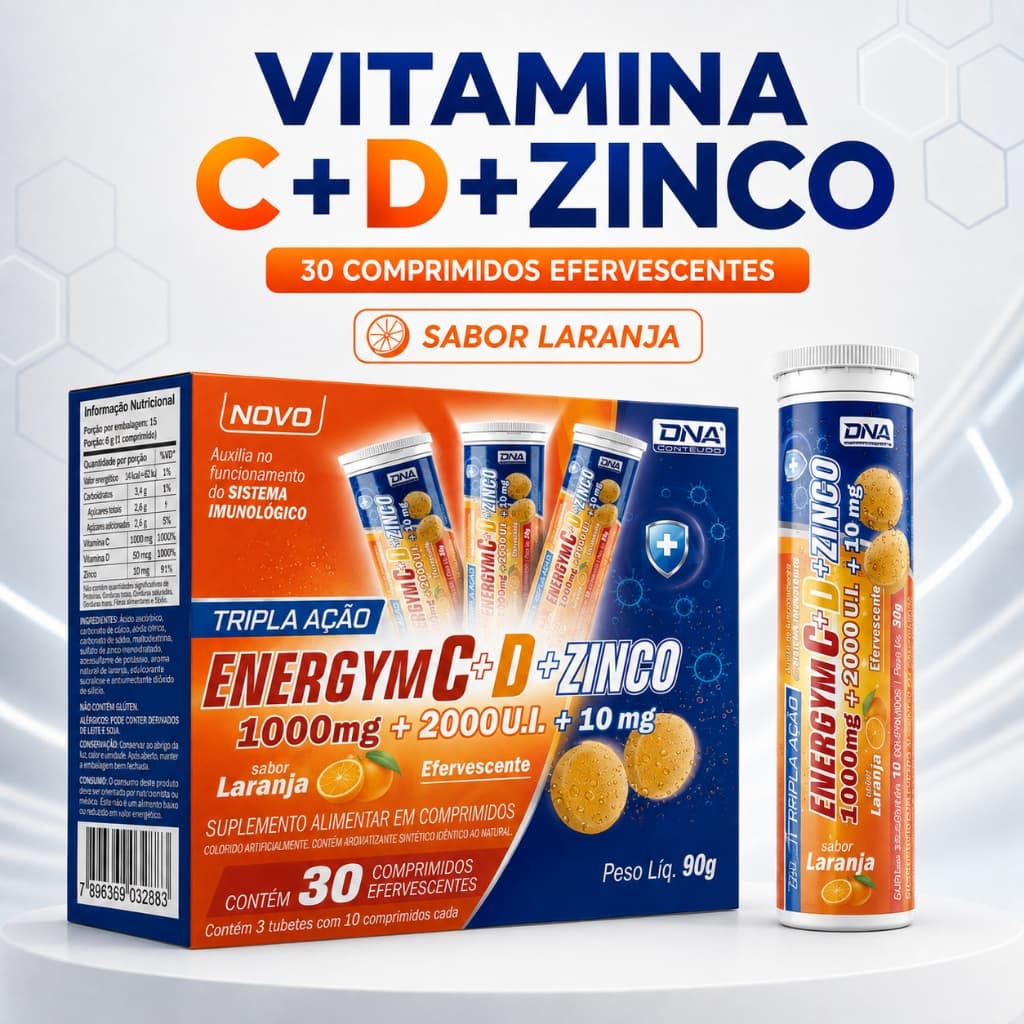 Vitamina C 1000mg + Vitamina D 2000UI + Zinco Efervescente 30 Comprimidos DNA Suplementos Imunidade