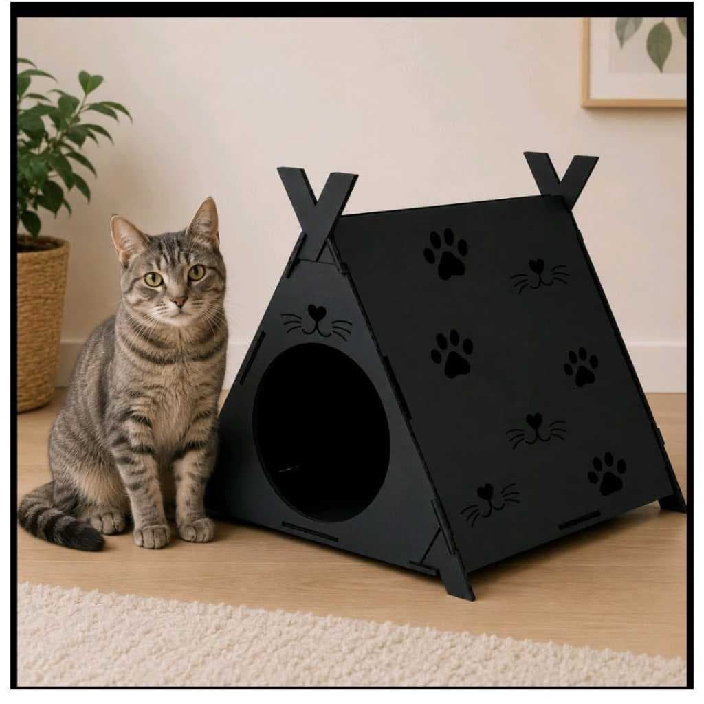Casinha Gato Descanso Toca Cabana Pet MDF Cru Preta