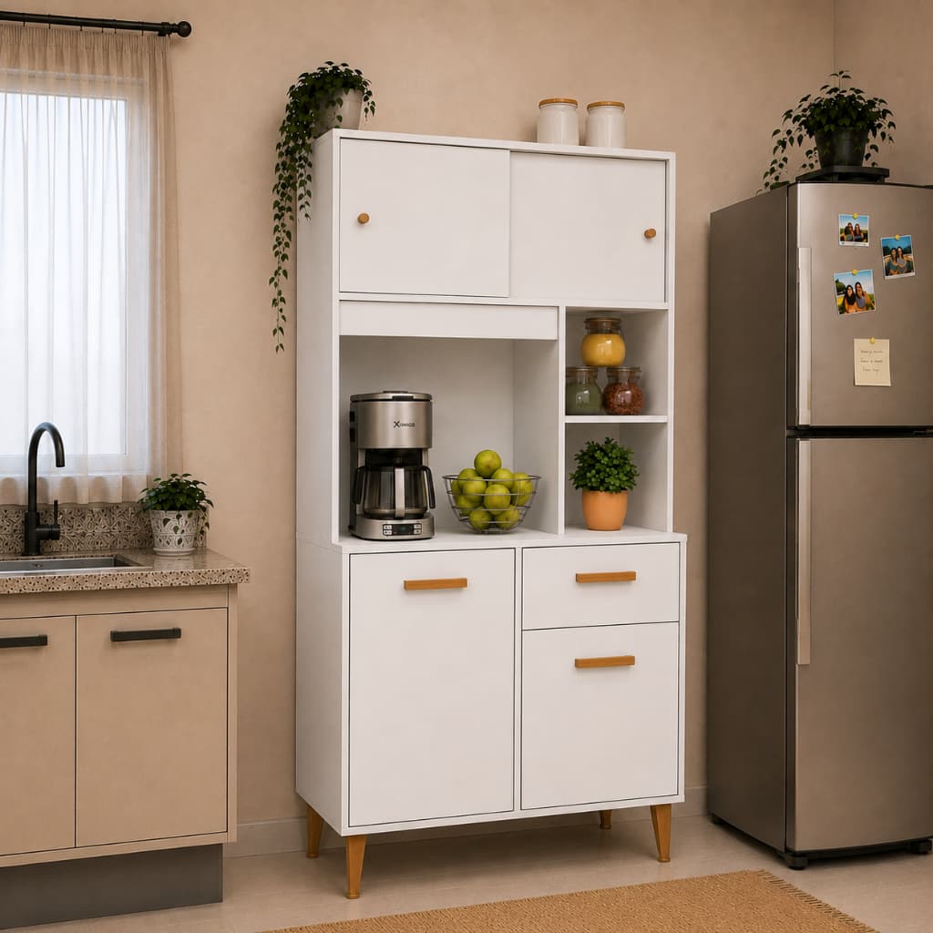 Armário de Cozinha Dália Compacto 4 Portas 1 Gaveta 2 Nichos Paneleiro Organizador Multiuso Casa Dee