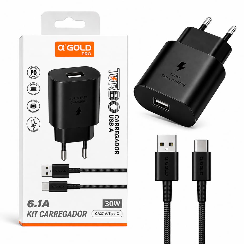 Carregador Turbo 30W com Cabo Tipo-C 1m USB-C Carga Rápida Fonte Parede Bivolt para Celular Android