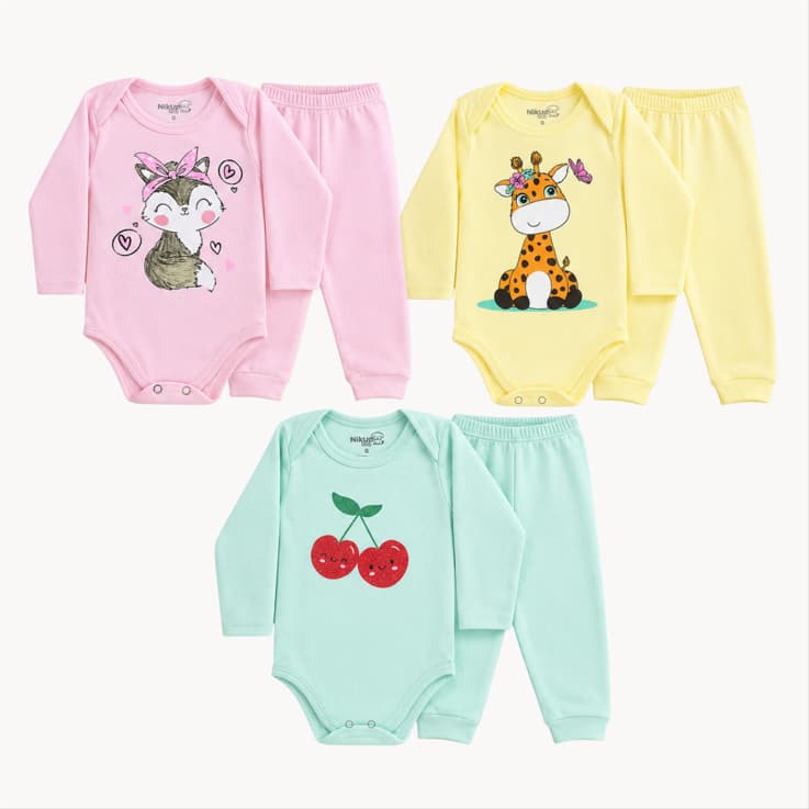 Kit 6 Peças de Roupas para Bebê menina sortido 3 body pagão +3 calças/mijão inverno algodão .