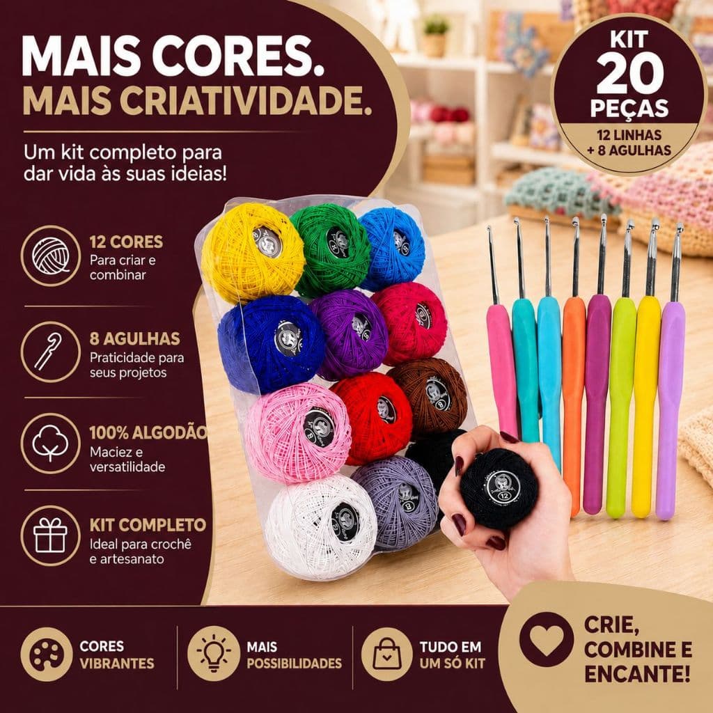 Kit Crochê Completo 12 Linhas Coloridas 100% Algodão + 8 Agulhas Ergonômicas Amigurumi Iniciante -BC