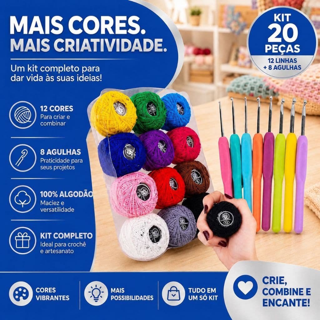 Kit Crochê Completo 12 Linhas Coloridas 100% Algodão + 8 Agulhas Ergonômicas Amigurumi Iniciante -MN