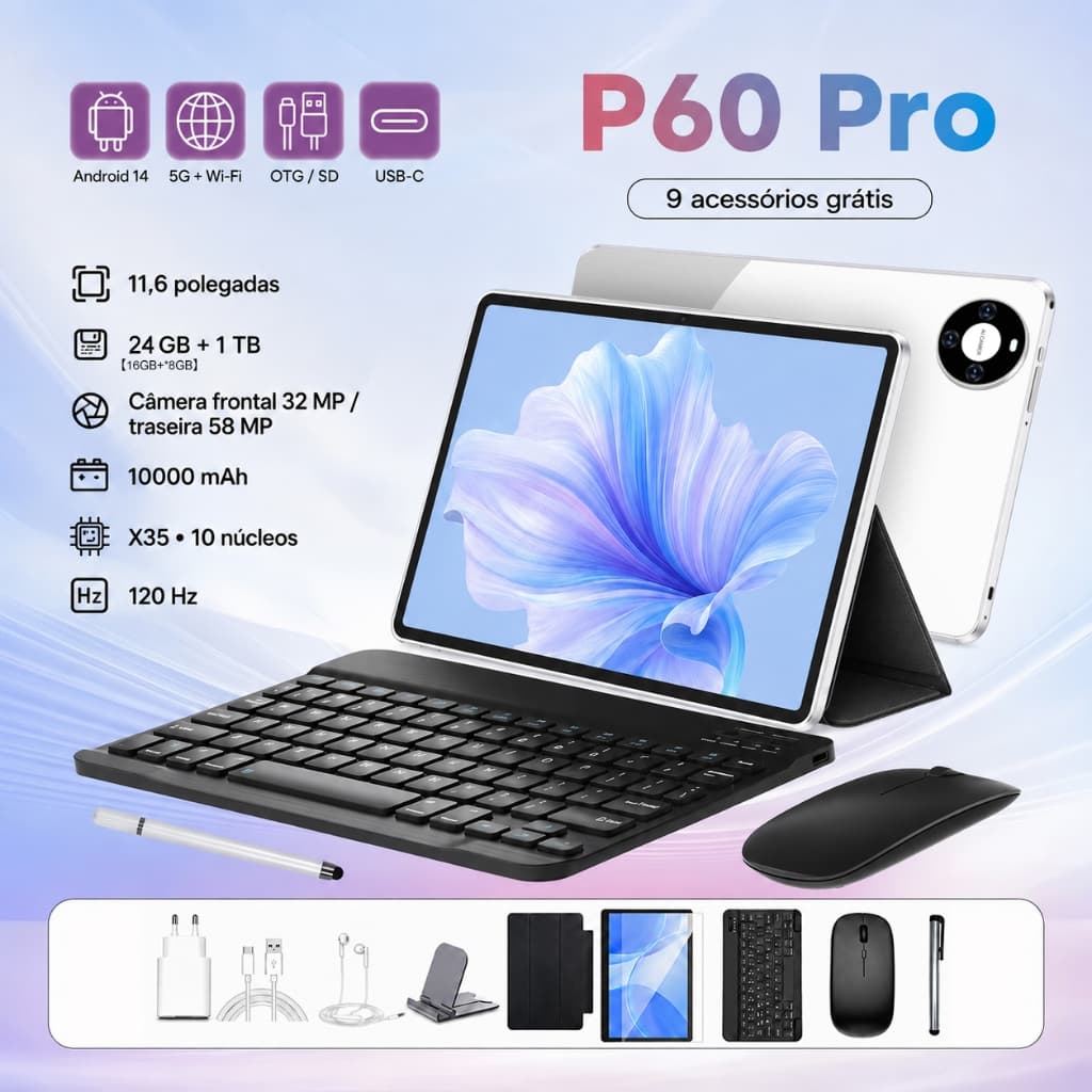 Tablet 11.6'' P60 Pro 24GB RAM 1TB Android 14 5G WiFi 120Hz + Teclado Mouse Capa Caneta