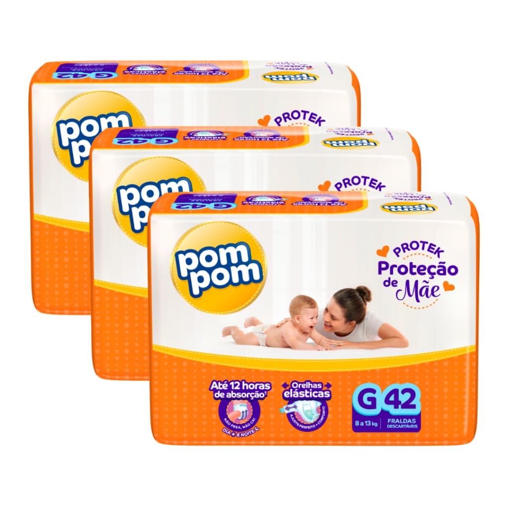 Kit 3 Fralda Descartável Infantil Pom Pom Protek Proteção de Mãe Mega