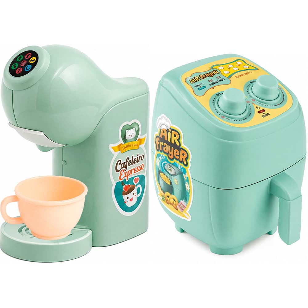 Brinquedo Kit Cozinha Infantil Cafeteira Expresso + Air Fryer Verde Tiffany 2 peças faz de contas