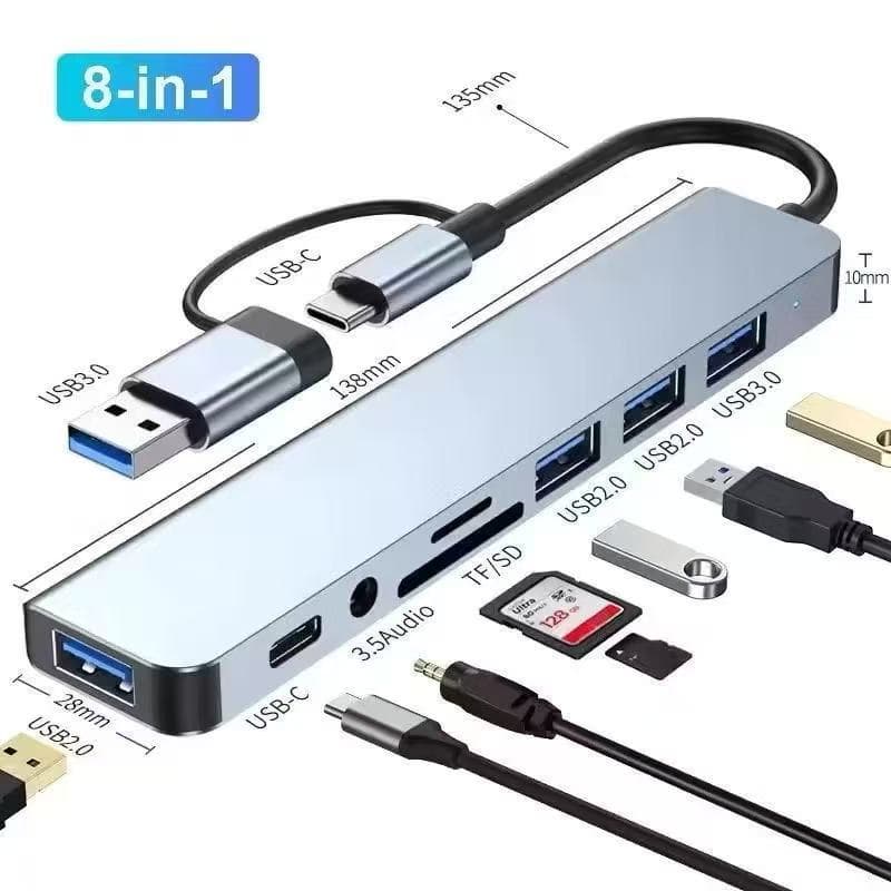 Hub USB-C 8 em 1 Multifuncional com USB 3.0, USB 2.0, Leitor SD/TF e Áudio 3.5mm para Notebook e PC