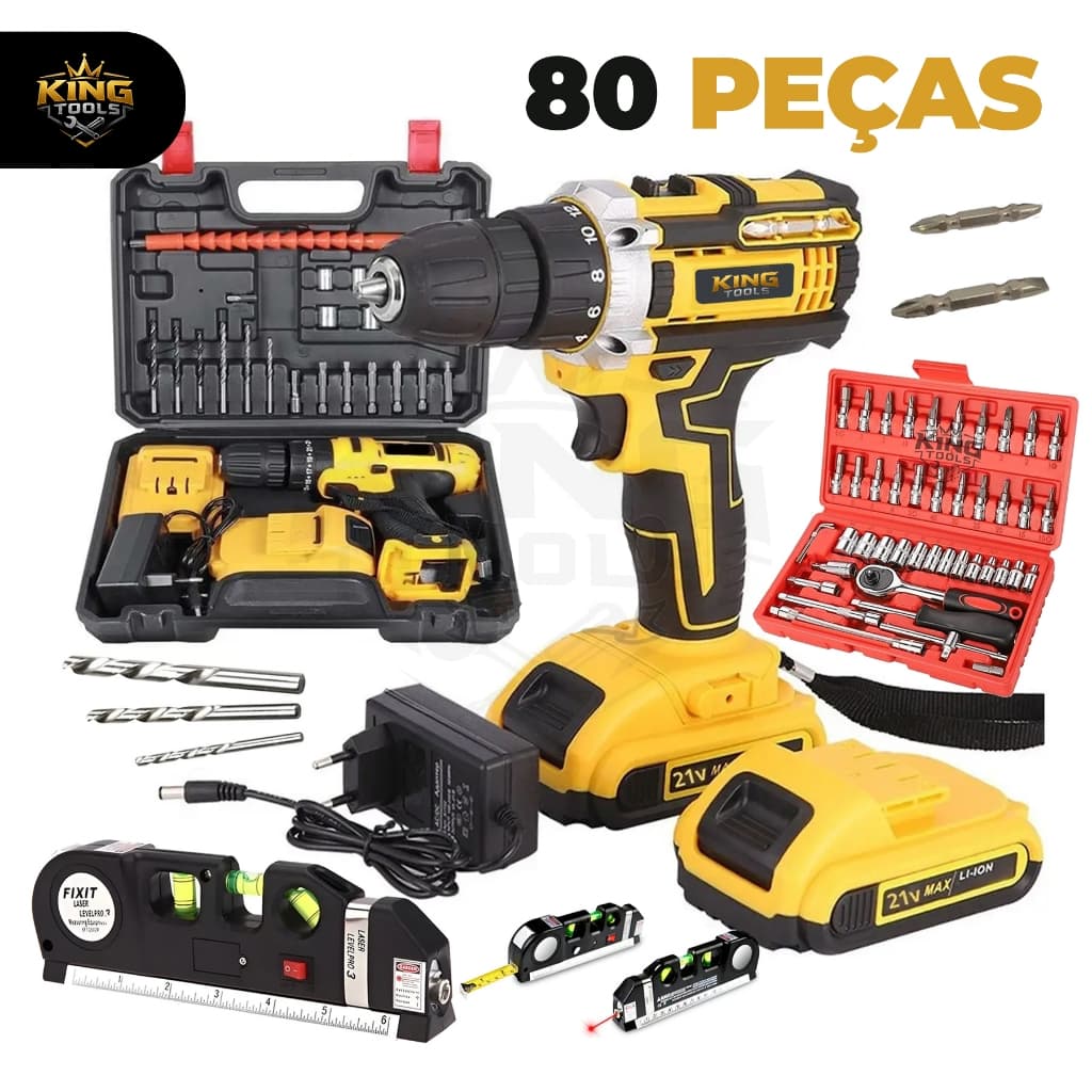 Kit Furadeira Parafusadeira 48V Sem Fio + 2 Baterias + Maleta 80 Peças Completo com Brocas, Soquetes e Nível a Laser