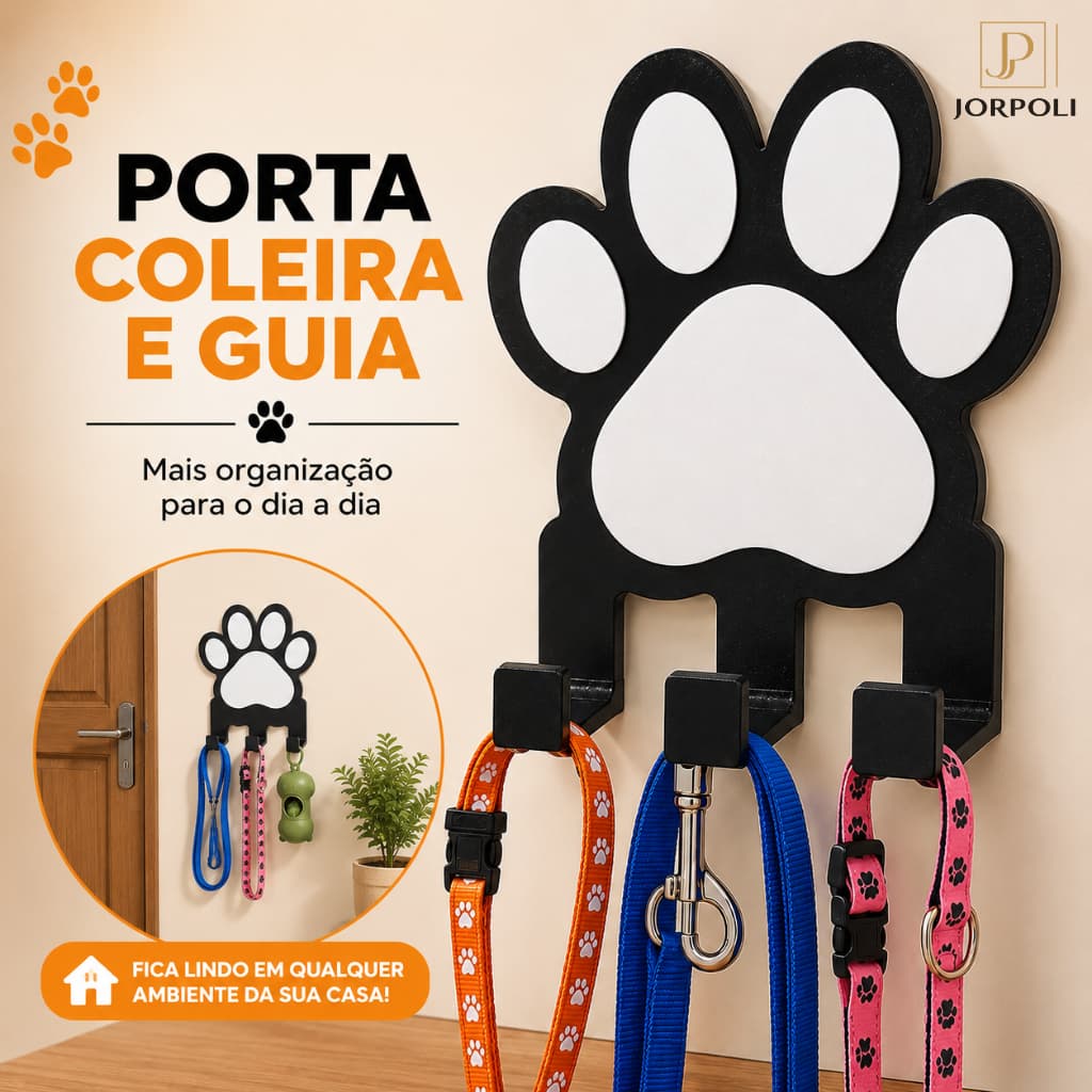 Porta Coleira e Guia para Cachorro e Gato C/Dupla face Pet Organizador 3 Ganchos